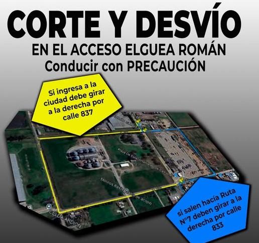 'Corte con desvío en el acceso Elguea Román' a la altura de la playa de camiones, por reparación del pavimento y reemplazo de caño hidráulico